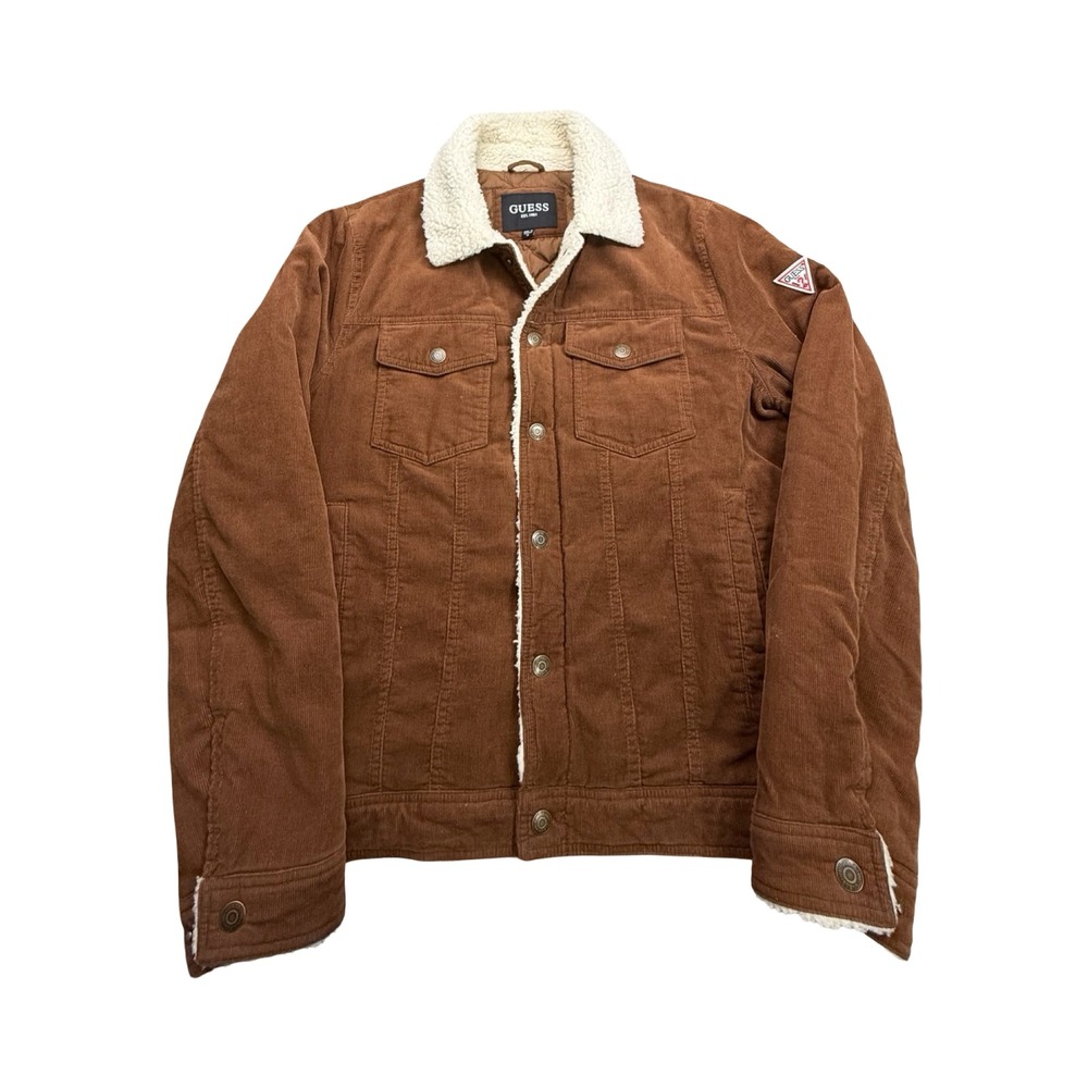 Guess Corduroy Trucker Jacket Mens Medium Brown Sherpa Collar Western